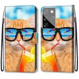 Peneženkové kožené DRAWING pouzdro na Samsung Galaxy S21 Ultra 5G - Cat Drinking Soda
