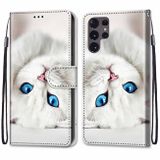 Peneženkové kožené pouzdro DRAWING na Samsung Galaxy S22 Ultra 5G - White Kitten
