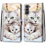 Peneženkové kožené pouzdro DRAWING na Samsung Galaxy S22 5G - Big Cat Hugging Kitten