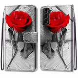 Peneženkové kožené pouzdro DRAWING na Samsung Galaxy S22 Plus 5G - Red Rose On Wooden