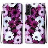Peneženkové kožené pouzdro DRAWING na Samsung Galaxy S22 Plus 5G - Chrysanthemum Pink White Purple