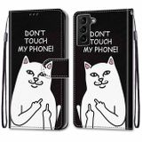 Peneženkové kožené pouzdro DRAWING na Samsung Galaxy S22 Plus 5G - Middle Finger White Cat