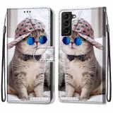 Peneženkové kožené pouzdro DRAWING na Samsung Galaxy S22 Plus 5G - Oblique Hat Blue Mirror Cat