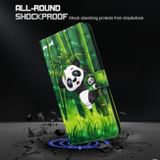 Peněženkové kožené pouzdro Painting Pattern na Motorola Moto E20/E30/E40 - Panda Climbing Bamboo