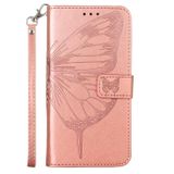 Peňeženkové kožené pouzdro Embossed Butterfly pro iPhone 14 - Růžově zlatá