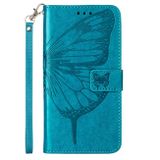 Peňeženkové kožené pouzdro Embossed Butterfly pro iPhone 14 - Modrá