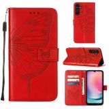 Peněženkové kožené pouzdro Embossed Butterfly pro Samsung Galaxy A05s - Červená