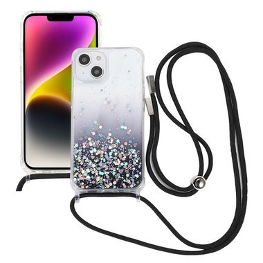 Pryžový Glitter kryt Lanyard na iPhone 15 - Černá