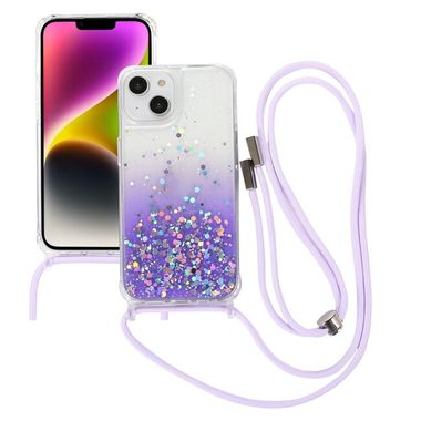 Pryžový Glitter kryt Lanyard na iPhone 15 - Fialová