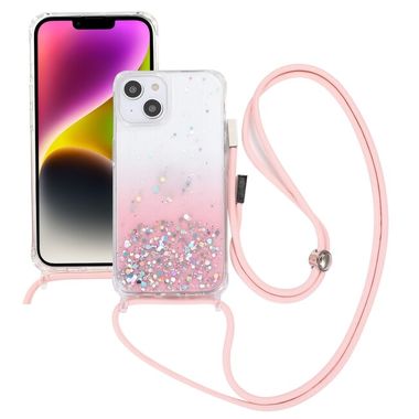 Pryžový Glitter kryt Lanyard na iPhone 15 - Růžová
