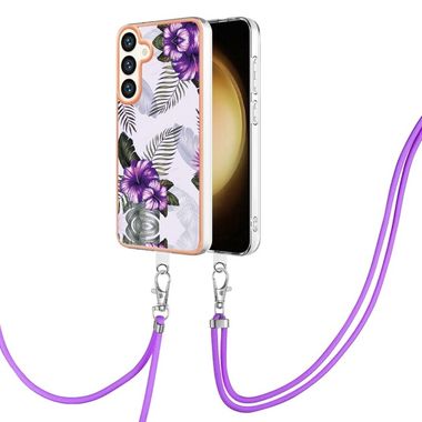 Pryžový kryt Electroplating Lanyard pro Samsung Galaxy S24 Plus 5G - Purple Flower