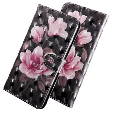 Peňeženkové 3D pouzdro na LG Q60 - Black-ground Pink Flower