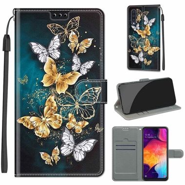 Peněženkové 3D pouzdro pro Samsung Galaxy A50 – Gold Silver Flying Butterflies