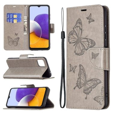 Peňeženkové kožené pouzdro BUTTERFLIES na Samsung Galaxy A22 5G - Šedá