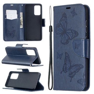 Peňaženkové kožené pouzdro BUTTERFLIES na Samsung Galaxy A52 5G - Modrá