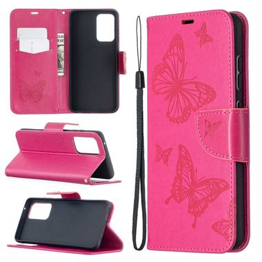 Peňaženkové kožené pouzdro BUTTERFLIES na Samsung Galaxy A52 5G - Ružovočervená