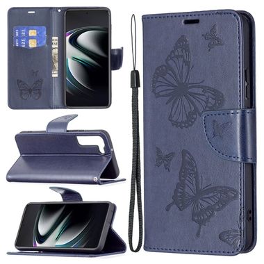 Peneženkové kožené pouzdro BUTTERFLIES na Samsung Galaxy S22 Plus 5G - Modrá