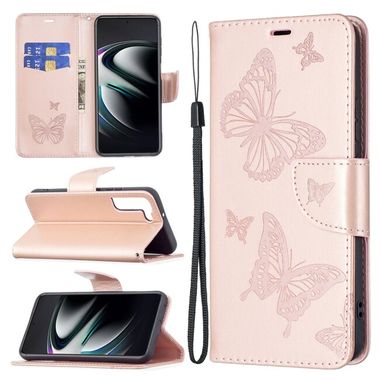 Peneženkové kožené pouzdro BUTTERFLIES na Samsung Galaxy S22 Plus 5G - Ružovozlatá