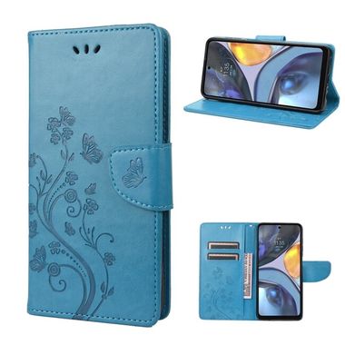 Pěneženkové kožené pouzdro Butterfly Flower pro Motorola Moto G22 - Modrá
