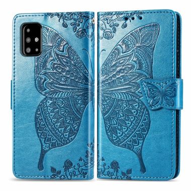 Peněženkové kožené pouzdro Butterfly Love Flower Embossed Horizontal pro Samsung Galaxy A51 - Modrá
