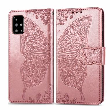 Peněženkové kožené pouzdro Butterfly Love Flower Embossed Horizontal  na Samsung Galaxy A51 Rose Gold