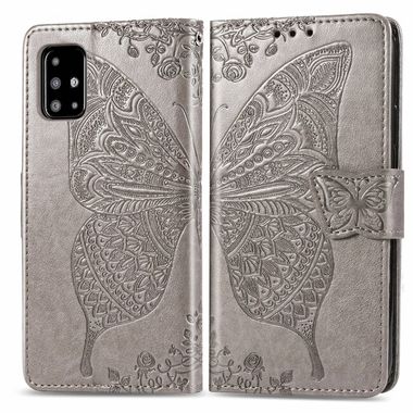 Peněženkové kožené pouzdro Butterfly Love Flower Embossed Horizontal pro Samsung Galaxy A51 - Šedá