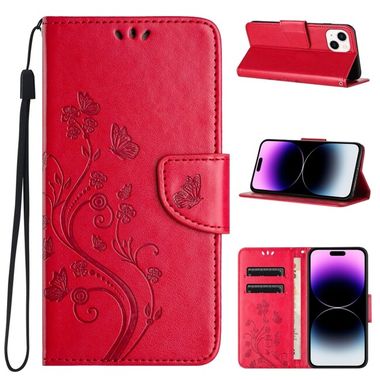 Peněženkové kožené pouzdro Butterfly na iPhone 15 - Červená