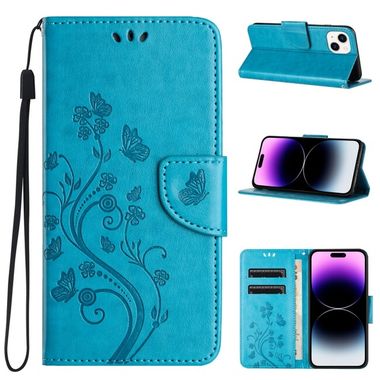Peněženkové kožené pouzdro Butterfly na iPhone 15 - Modrá