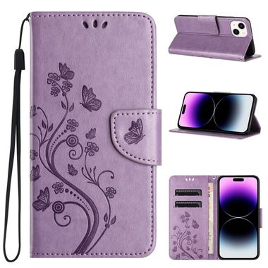 Peněženkové kožené pouzdro Butterfly na iPhone 15 - Světle fialová