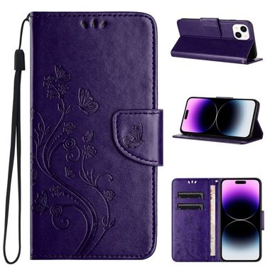 Peněženkové kožené pouzdro Butterfly na iPhone 15 - Tmavě fialová