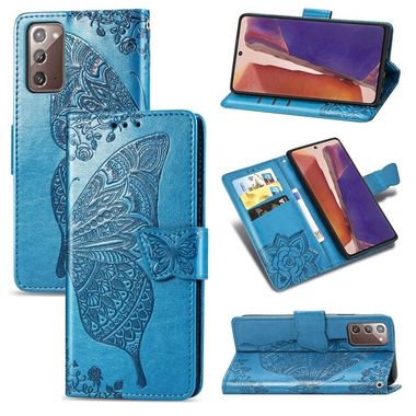 Peňeženkové kožené pouzdro BUTTERFLY na Samsung Galaxy Note 20 Ultra - Modrá