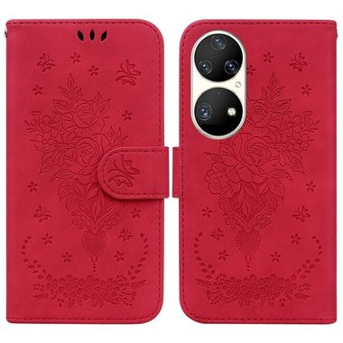 Peneženkové kožené pouzdro BUTTERFLY ROSE na Huawei P50 Pro - Červená