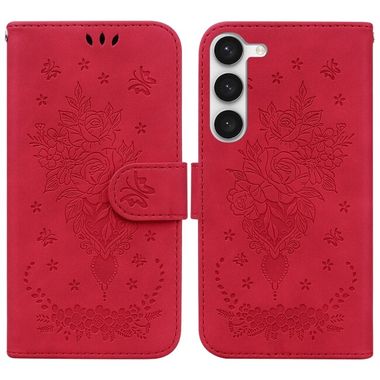 Peňeženkové kožené pouzdro BUTTERFLY ROSE pro Samsung Galaxy S23 5G – Červená