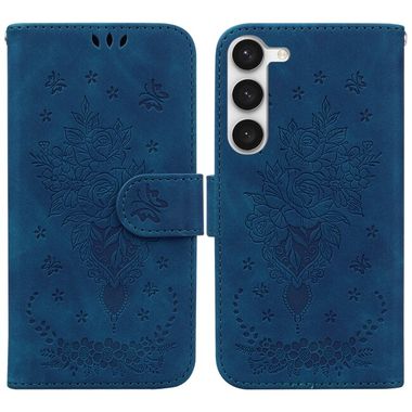 Peňeženkové kožené pouzdro BUTTERFLY ROSE pro Samsung Galaxy S23 5G – Modrá