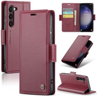 Peněženkové kožené pouzdro CaseMe Litchi pro Samsung Galaxy S24 5G - Vínově červená