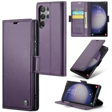 Peněženkové kožené pouzdro CaseMe Litchi pro Samsung Galaxy S24 Ultra 5G - Perleťově fialová