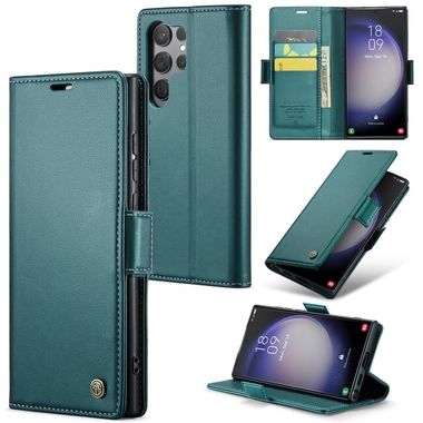 Peněženkové kožené pouzdro CaseMe Litchi pro Samsung Galaxy S24 Ultra 5G - Perleťově modrá