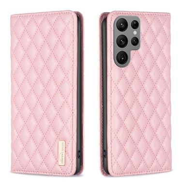 Peněženkové kožené pouzdro Diamond Lattice pro Samsung Galaxy S24 Ultra 5G - Růžová