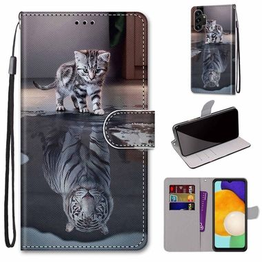 Peneženkové kožené pouzdro DRAWING na Samsung Galaxy A13 - Cat Becomes Tiger