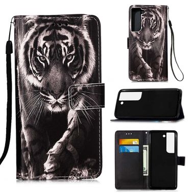 Peneženkové kožené pouzdro DRAWING na Samsung Galaxy S22 Plus 5G - Black White Tiger