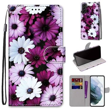 Peneženkové kožené pouzdro DRAWING na Samsung Galaxy S22 Plus 5G - Chrysanthemum Pink White Purple