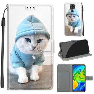 Peneženkové kožené pouzdro DRAWING na Xiaomi Redmi Note 9 - Blue Sweater White Cat