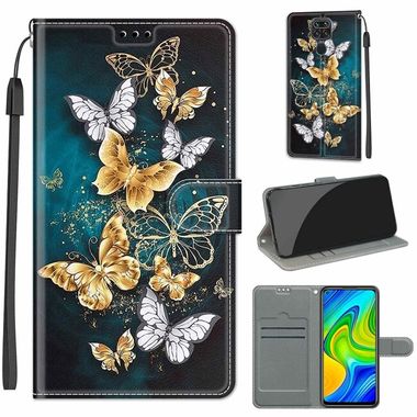 Peneženkové kožené pouzdro DRAWING na Xiaomi Redmi Note 9 - Gold Silver Flying Butterflies