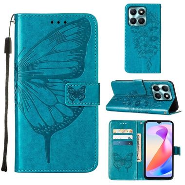 Peněženkové kožené pouzdro Embossed Butterfly na Honor X6a - Modrá