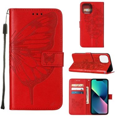 Peňeženkové kožené pouzdro Embossed Butterfly pro iPhone 14 - Červená