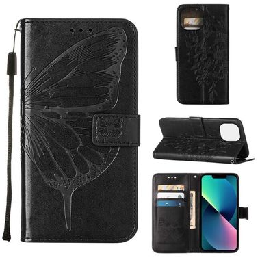 Peňeženkové kožené pouzdro Embossed Butterfly pro iPhone 14 - Černá