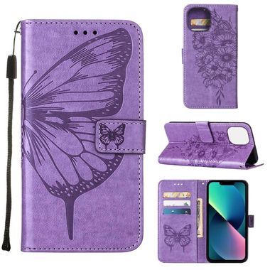 Peňeženkové kožené pouzdro Embossed Butterfly pro iPhone 14 - Světle fialová