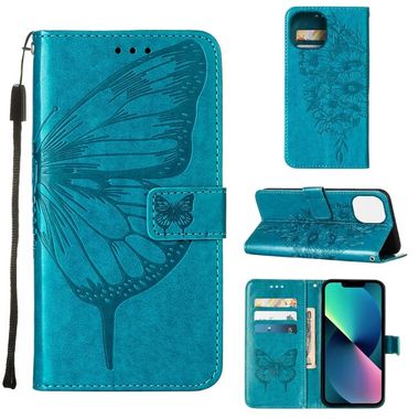 Peňeženkové kožené pouzdro Embossed Butterfly pro iPhone 14 - Modrá