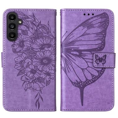 Peněženkové kožené pouzdro Embossed Butterfly pro Samsung Galaxy A05s - Fialová