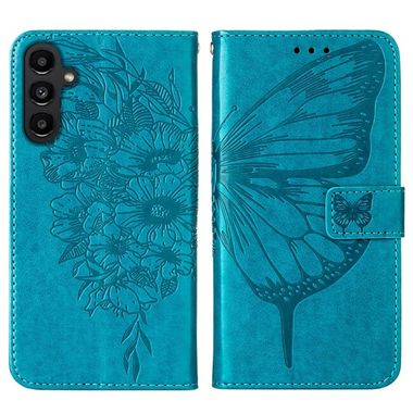Peněženkové kožené pouzdro Embossed Butterfly pro Samsung Galaxy A05s - Modrá